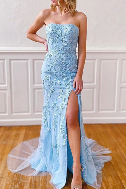 Robe de bal longue bustier en dentelle avec fente J5133