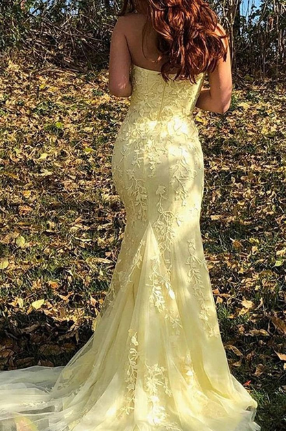 Robe de bal longue bustier en dentelle avec fente J5133