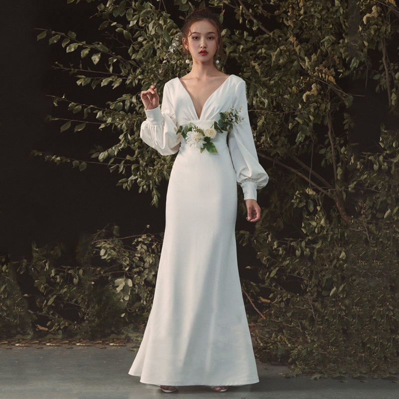 V Neck White Wedding Dress Long Sleeves Formal Dress J5134