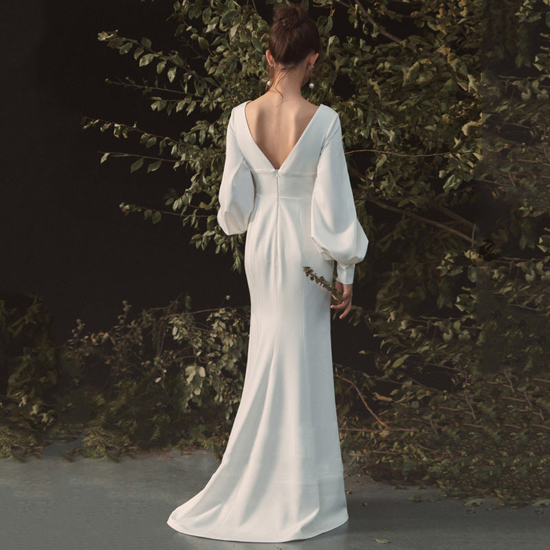 V Neck White Wedding Dress Long Sleeves Formal Dress J5134