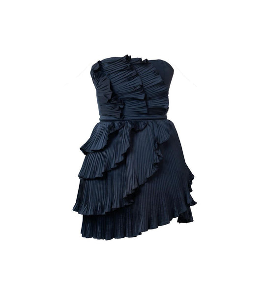 Strapless Navy Blue A Line Pleated Ruffle Short Prom Dress J5136