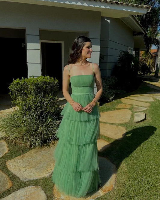 Green A Line Tulle Long Prom Dress Layered Wedding Guest Dress J5137