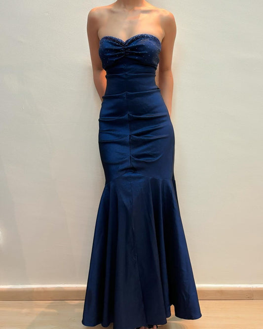 Sweetheart Mermaid Long Prom Dress Navy Blue Vintage Evening Dress J5139