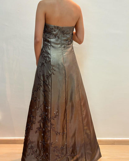 Strapless Beaded A Line Long Prom Dress Vintage Evening Dress J5140