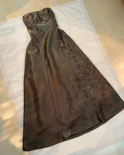 Strapless Beaded A Line Long Prom Dress Vintage Evening Dress J5140