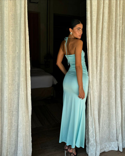 Robe de soirée longue sirène en satin bleu Tiffany à col licou J5142