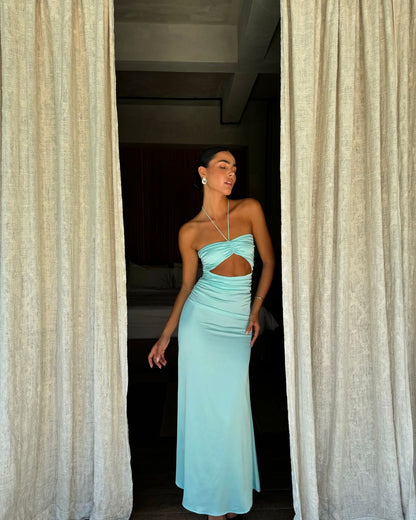 Robe de soirée longue sirène en satin bleu Tiffany à col licou J5142