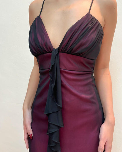 V Neck A Line Vintage Long Prom Dress Ruffle Evening Party Dress J5145