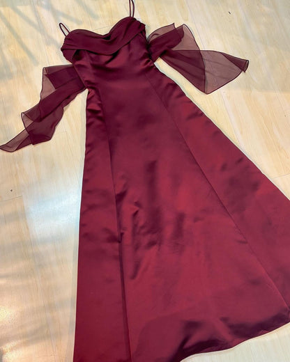 Burgunderrotes langes Ballkleid in A-Linie mit Rüschen, formelles Partykleid J5154