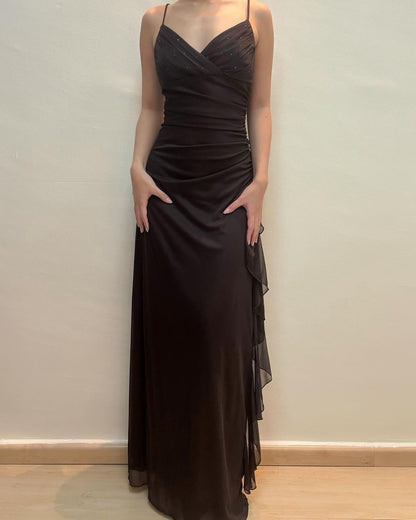 Robe de bal longue à volants et col en V, coupe trapèze, tenue de soirée formelle J5156