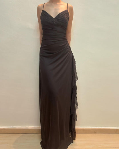 Robe de bal longue à volants et col en V, coupe trapèze, tenue de soirée formelle J5156