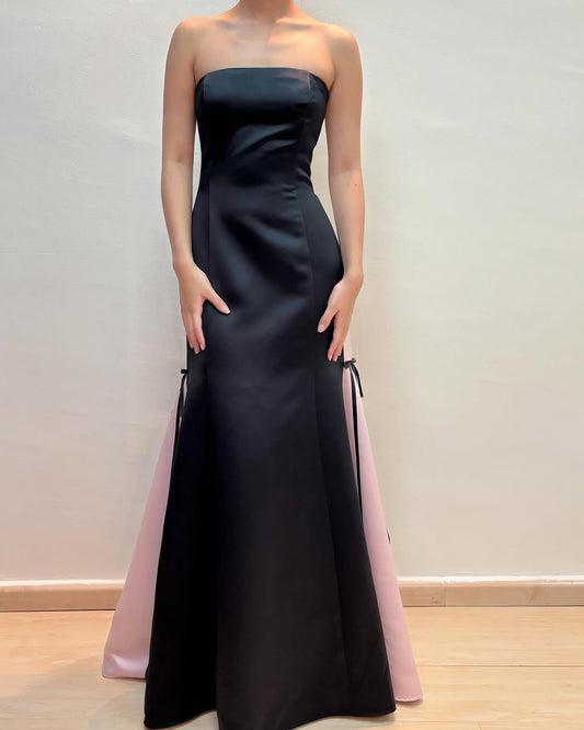 Strapless A Line Satin Long Prom Dress Black Formal Dress J5159