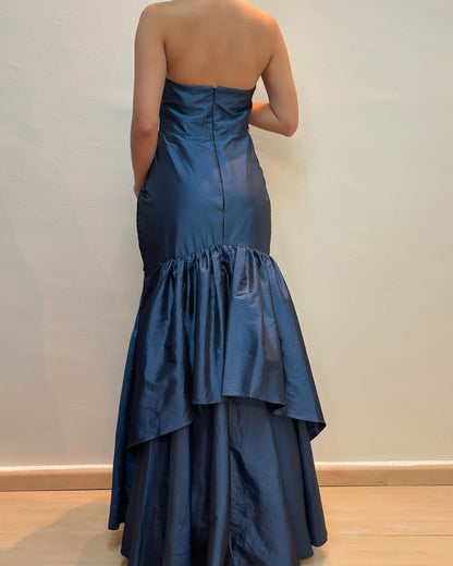Robe de bal longue bleu marine style sirène sans bretelles, tenue de soirée formelle J5161
