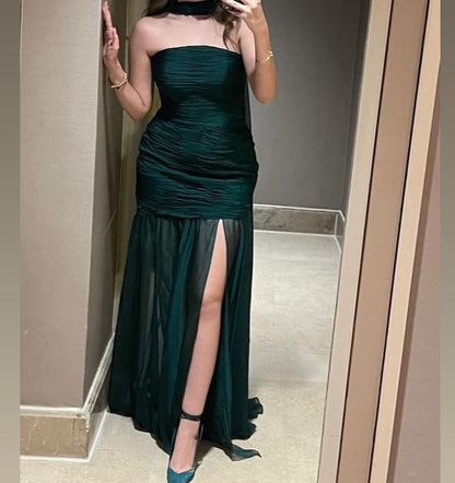 Robe de bal longue verte style sirène sans bretelles, tenue de soirée formelle J5162