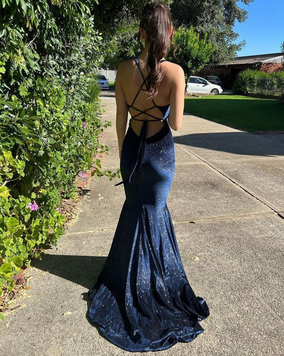 Robe de bal longue bleu marine à col en V et velours J5163
