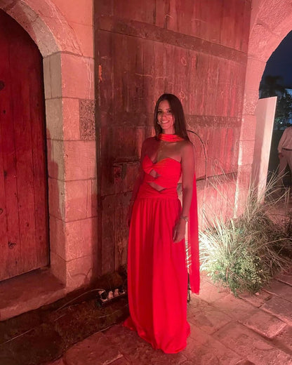 Robe de bal longue orange coupe trapèze, robe d'invitée de mariage J5167