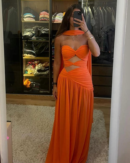 Robe de bal longue orange coupe trapèze, robe d'invitée de mariage J5167