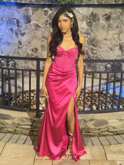 Robe de soirée longue rose vif avec fente sirène J5173