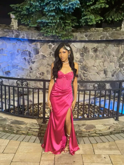 Robe de soirée longue rose vif avec fente sirène J5173