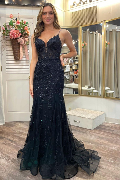 Robe de soirée sirène longue en dentelle noire avec appliques J5177