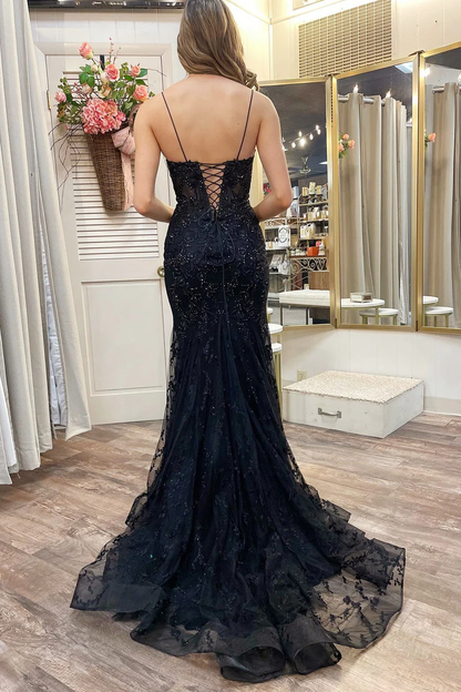 Robe de soirée sirène longue en dentelle noire avec appliques J5177