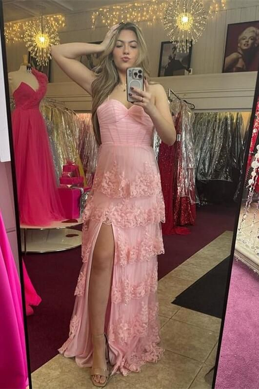 A Line Sweetheart Lace Appliques Long Prom Dress Pink Formal Dress J5180