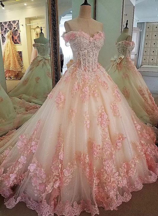 Flowers Tulle Off Shoulder Sweet 16 Dress Ball Gown Formal Dress J5190