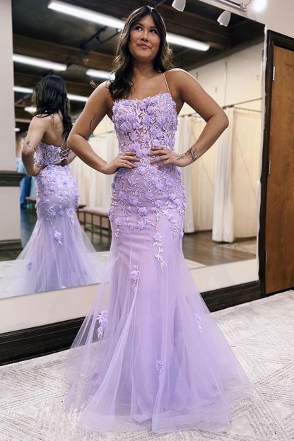 Robe de bal longue en tulle lavande style sirène avec fleurs 3D J5217