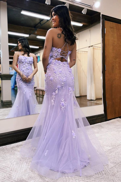Robe de bal longue en tulle lavande style sirène avec fleurs 3D J5217