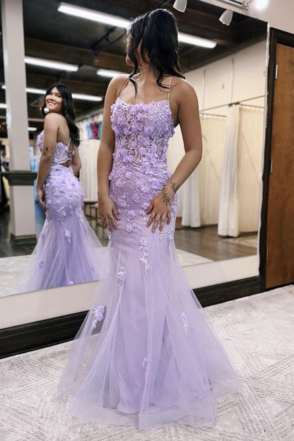 Robe de bal longue en tulle lavande style sirène avec fleurs 3D J5217