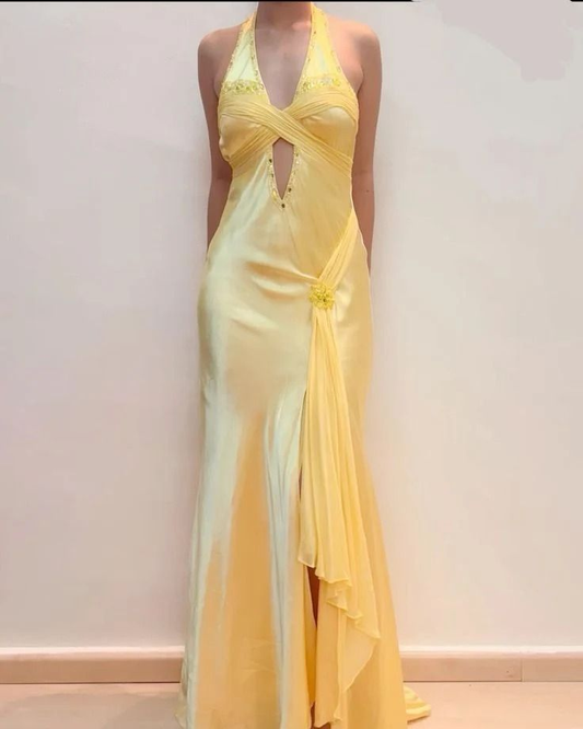 Halter Yellow Mermaid Long Prom Dress Vintage Formal Party Dress J5219