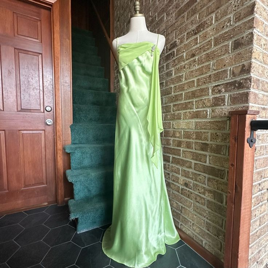 Green Satin Long Prom Dress Vintage Formal Party Dress J5227