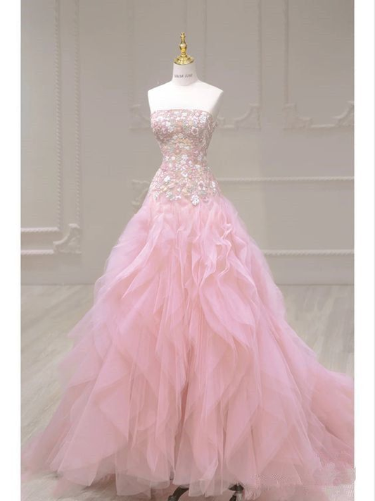 Strapless Pink A Line Long Prom Dress Tulle Ruffle Flower Party Dress J5228