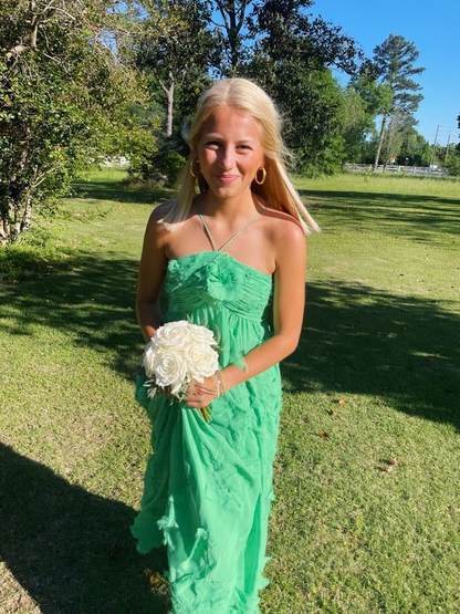 Grünes A-Linien-Ballkleid mit Rüschen, langes formelles Partykleid J5231