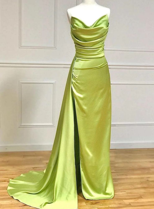 Green Sheath Long Prom Dress Satin Formal Evening Dress With Slit J5243