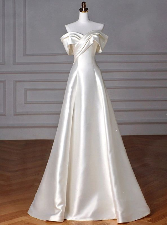 Off The Shoulder A Line Long Prom Dress Satin Wedding Dress J5244