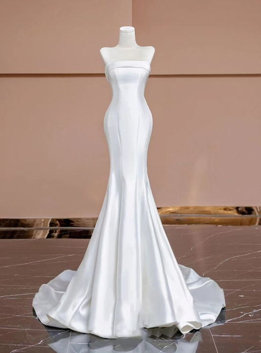 Strapless Mermaid White Wedding Dress Satin Wedding Gown J5247