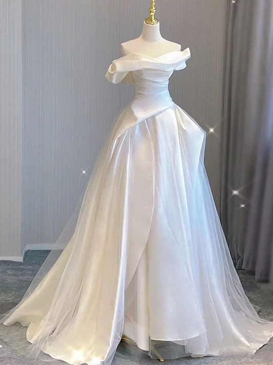 Off The Shoulder A Line White Wedding Dress Satin Wedding Gown  J5249