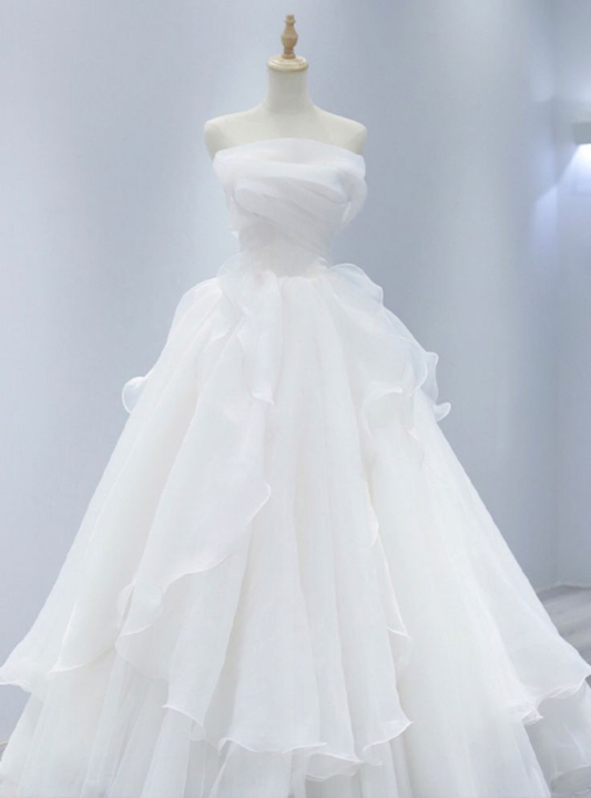 Strapless A Line White Wedding Dress Ruffle Chiffon Wedding Gown  J5250