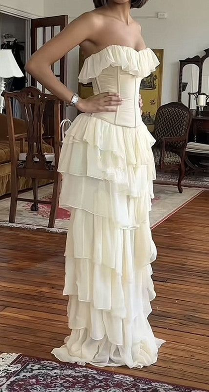 Trägerloses A-Linien-Abschlussballkleid mit Stufen, lang, Chiffon, Geburtstagskleid J5256