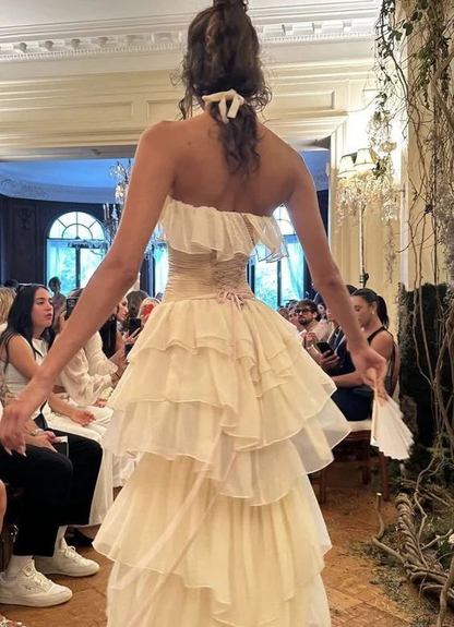 Trägerloses A-Linien-Abschlussballkleid mit Stufen, lang, Chiffon, Geburtstagskleid J5256