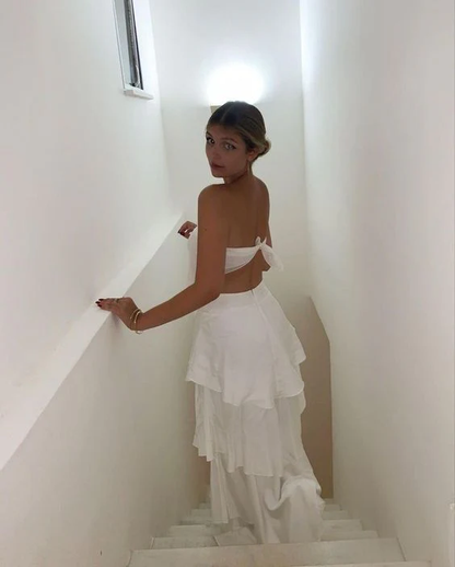 Robe de bal longue bustier coupe trapèze à volants, robe d'anniversaire J5257