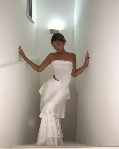 Robe de bal longue bustier coupe trapèze à volants, robe d'anniversaire J5257