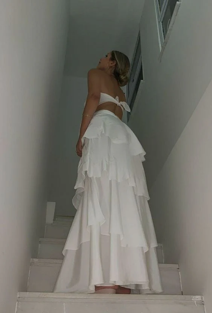 Robe de bal longue bustier coupe trapèze à volants, robe d'anniversaire J5257