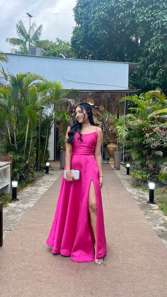 Pink A Line Long Prom Dress Slit Satin Evening Dress J5260