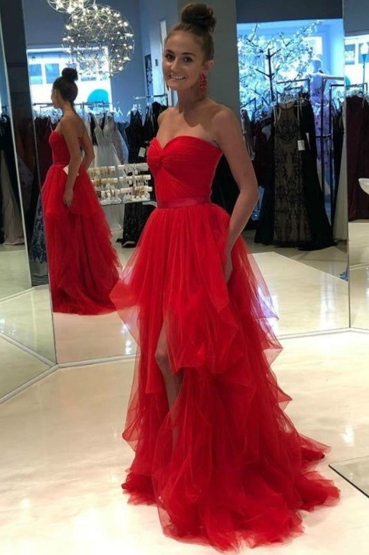 Sweetheart A Line Red Long Prom Dress Slit Tulle Wedding Guest Dress J5261