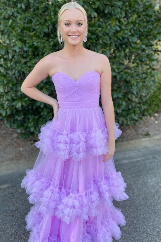 Sweetheart A Line Light Purple Long Prom Dress Ruffle Wedding Guest Dress J5264