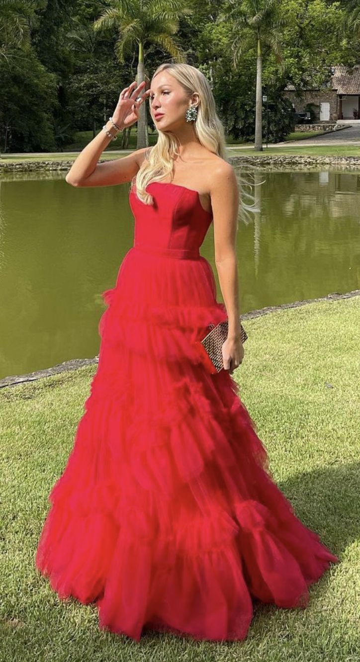 Strapless Red A Line Long Prom Dress Tulle Formal Dress J5270