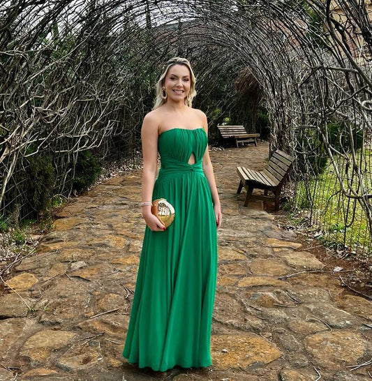 Strapless A Line Green Long Prom Dress Wedding Guest Dress J5272