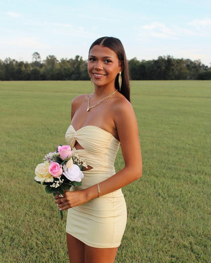 Robe de bal courte fourreau jaune J5280